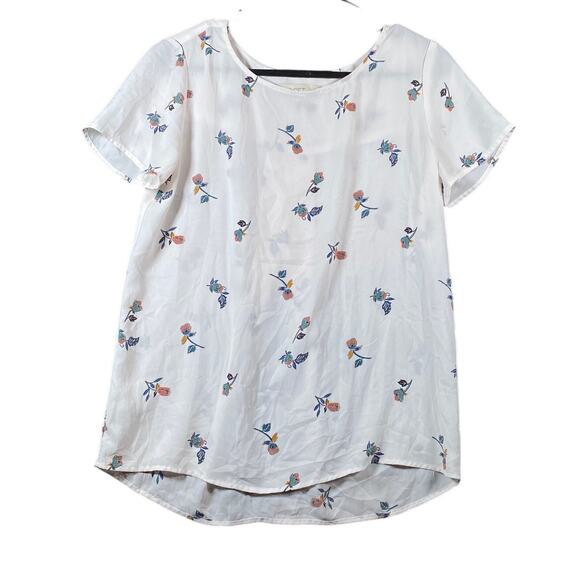 LOFT Womens Blouse White Floral Short Sleeve Round Neck Flowy Stretch S - Picture 1 of 14
